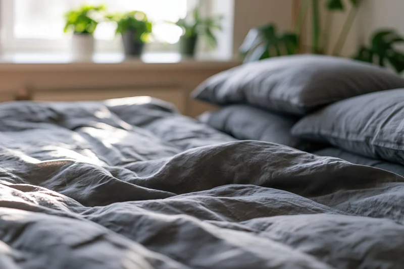 Unmade bed with rumpled grey linen duvet and stacked pillows in a sunlit bedroom with plants on the windowsill