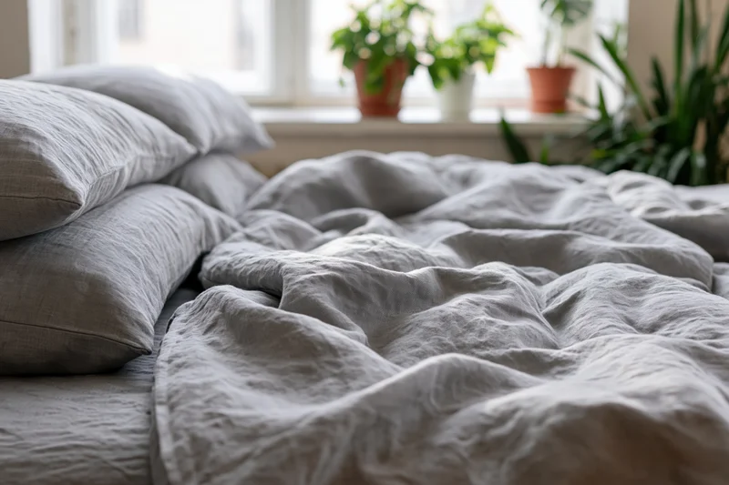 Unmade bed with rumpled grey linen duvet and stacked grey pillows in a bright bedroom with plants by the window