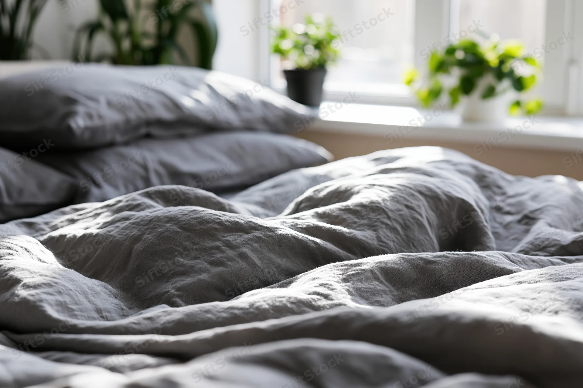 Unmade bed with rumpled grey linen duvet and stacked pillows near window with potted plants