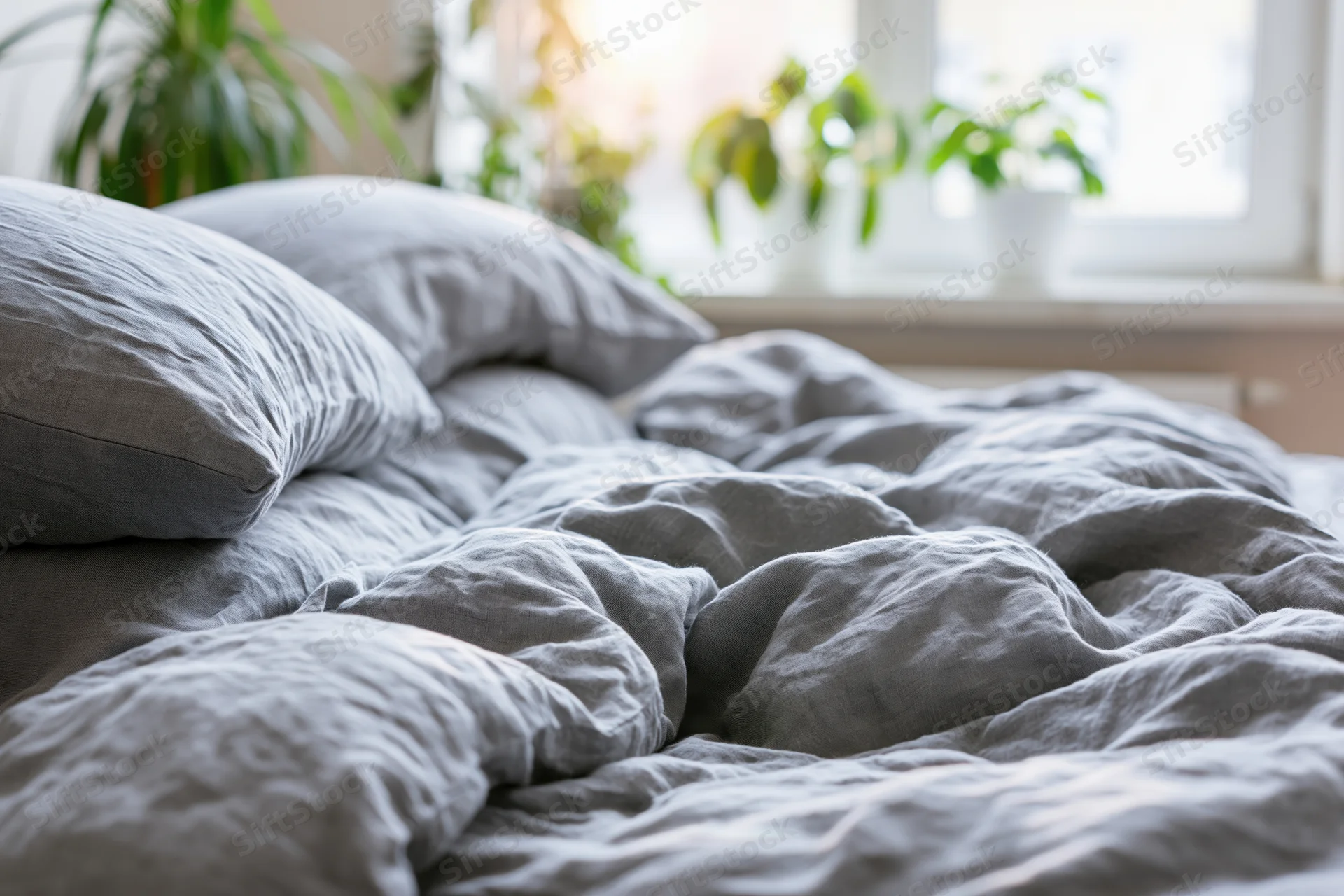 Unmade bed with rumpled grey linen duvet and stacked pillows in a bright bedroom with plants on the windowsill