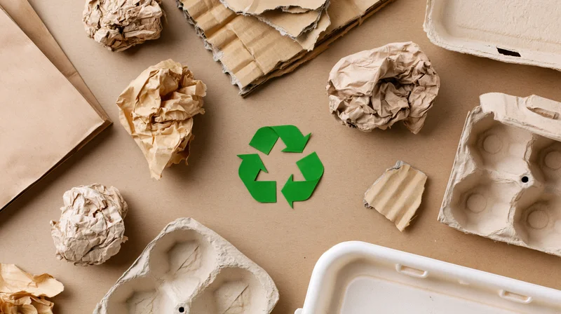Recyclable paper and cardboard waste arranged flat on brown surface with green recycling symbol