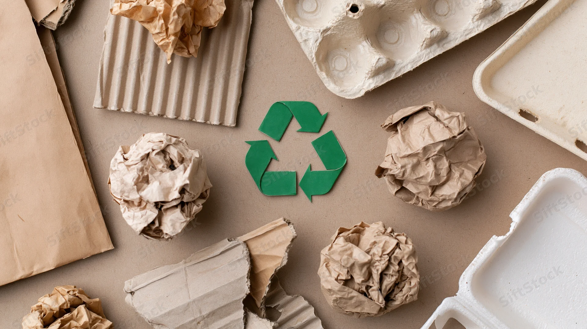 Recyclable paper and cardboard waste arranged around a green recycling symbol on a neutral surface