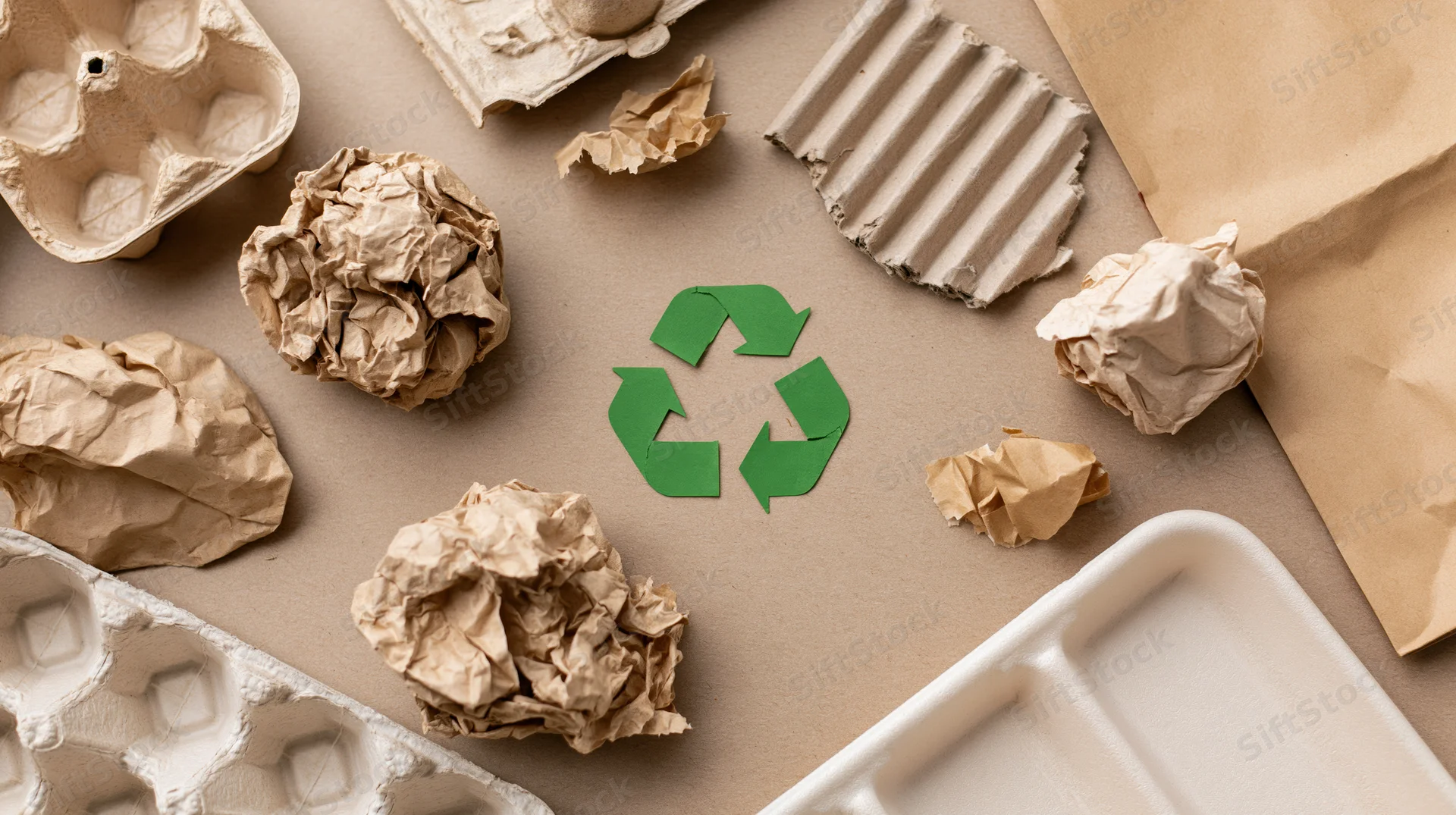 Recyclable paper and cardboard waste arranged flat on a neutral surface with a green recycling symbol in the center