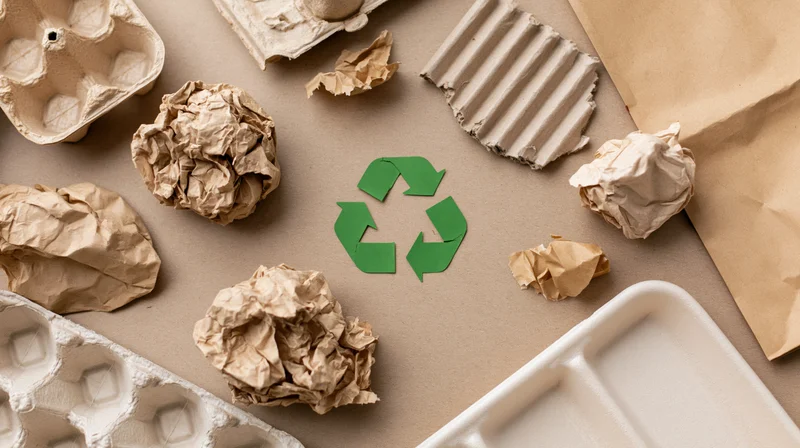 Recyclable paper and cardboard waste arranged flat on a neutral surface with a green recycling symbol in the center