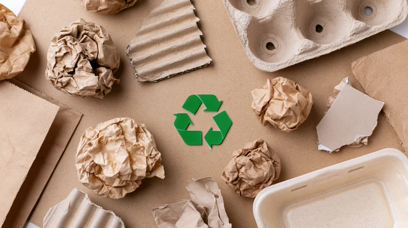 Crumpled paper and cardboard recyclables arranged flat on brown surface with green recycling symbol in center