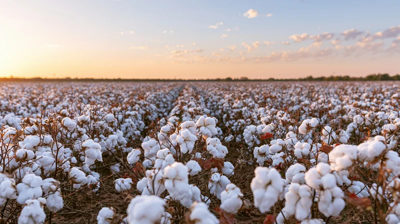 Cotton field in full bloom stretching to the horizon at sunset