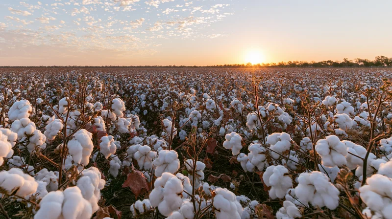 Cotton field in full bloom at sunset stretching to the horizon
