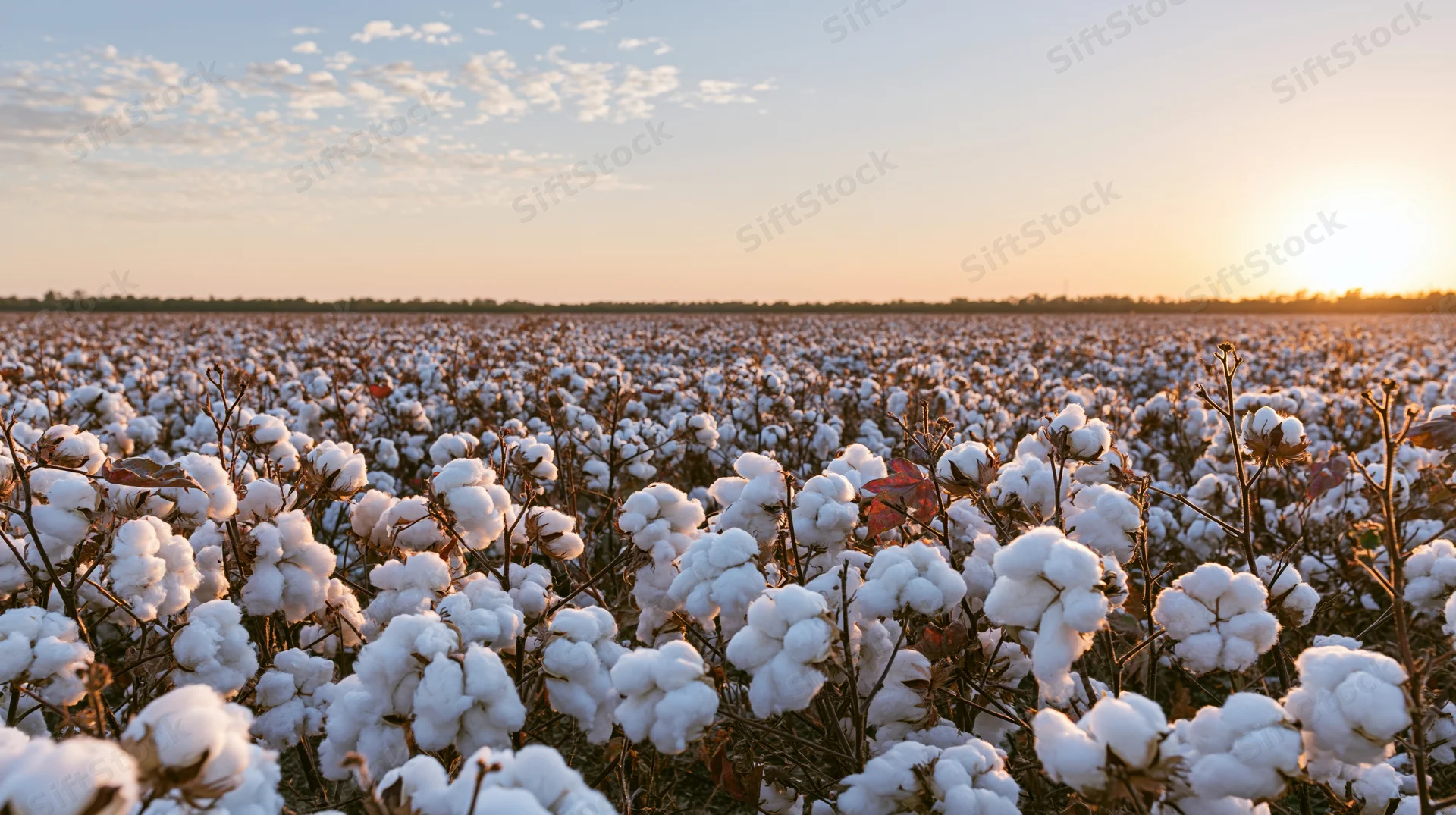 Cotton field in full bloom at sunset stretching to the horizon
