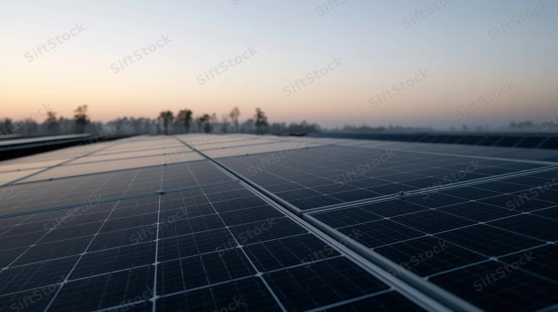 Rows of solar panels stretching across a field toward the horizon at dusk