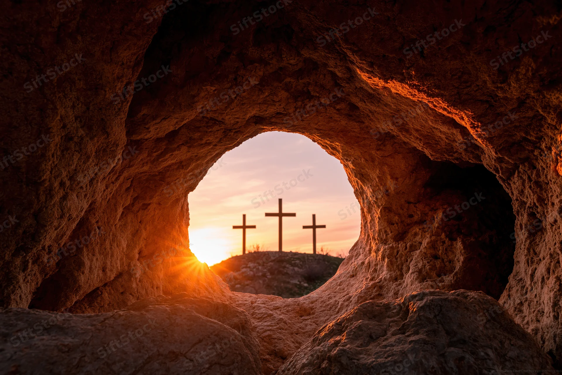 View from inside a cave looking out at three crosses on a hill at sunset