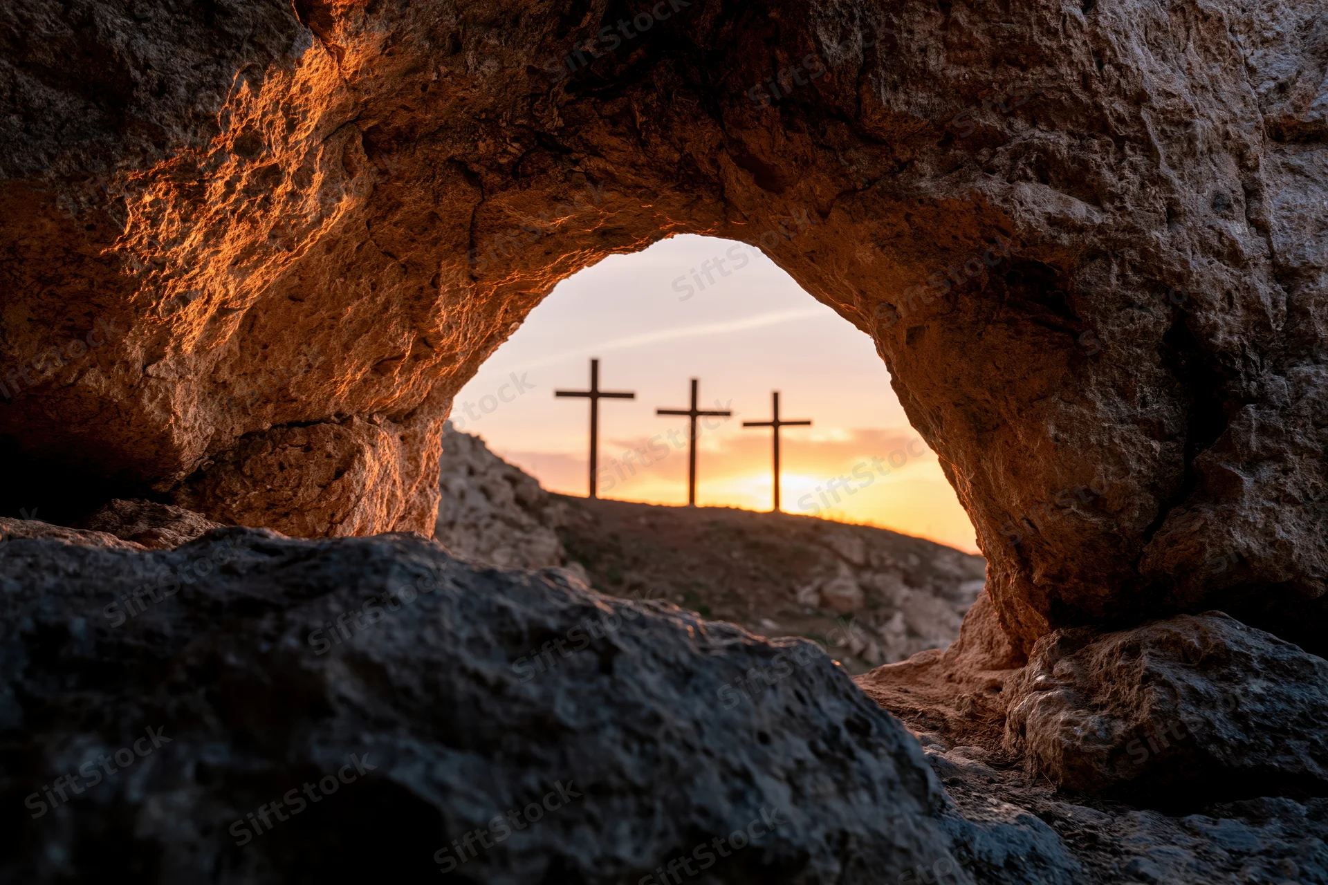 View from inside a dark stone cave looking out through a natural arch at three crosses silhouetted against a sunset sky