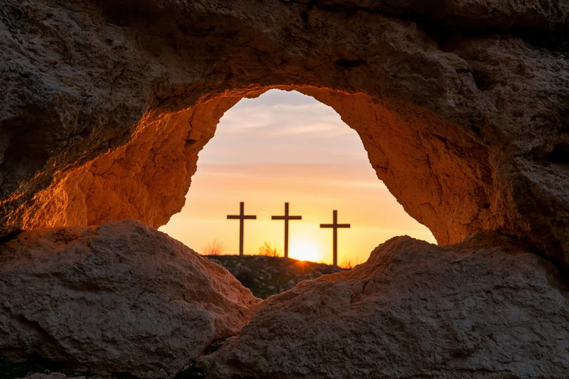 View from inside a cave looking out through a natural stone arch at three crosses silhouetted against a sunset sky