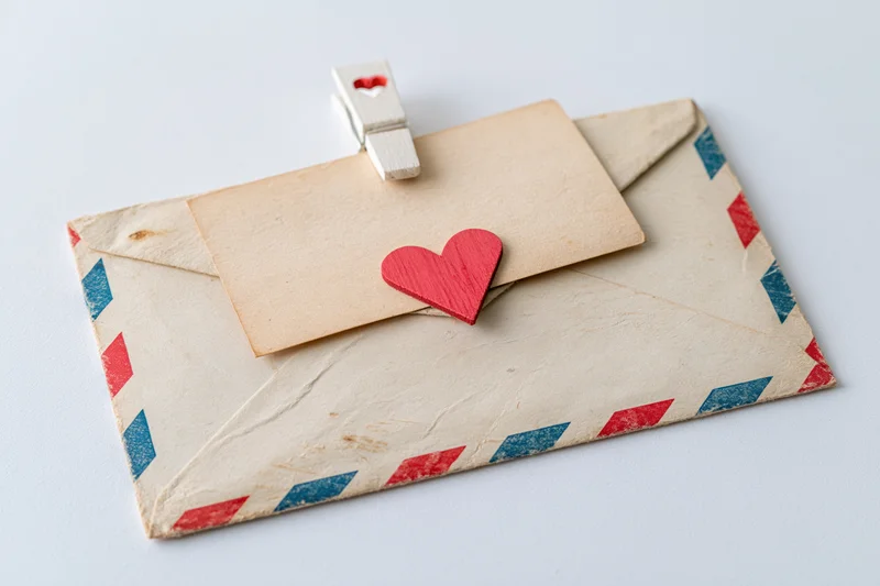 Vintage airmail envelope with red and blue stripes sealed with a wooden clothespin and a red heart decoration on white surface