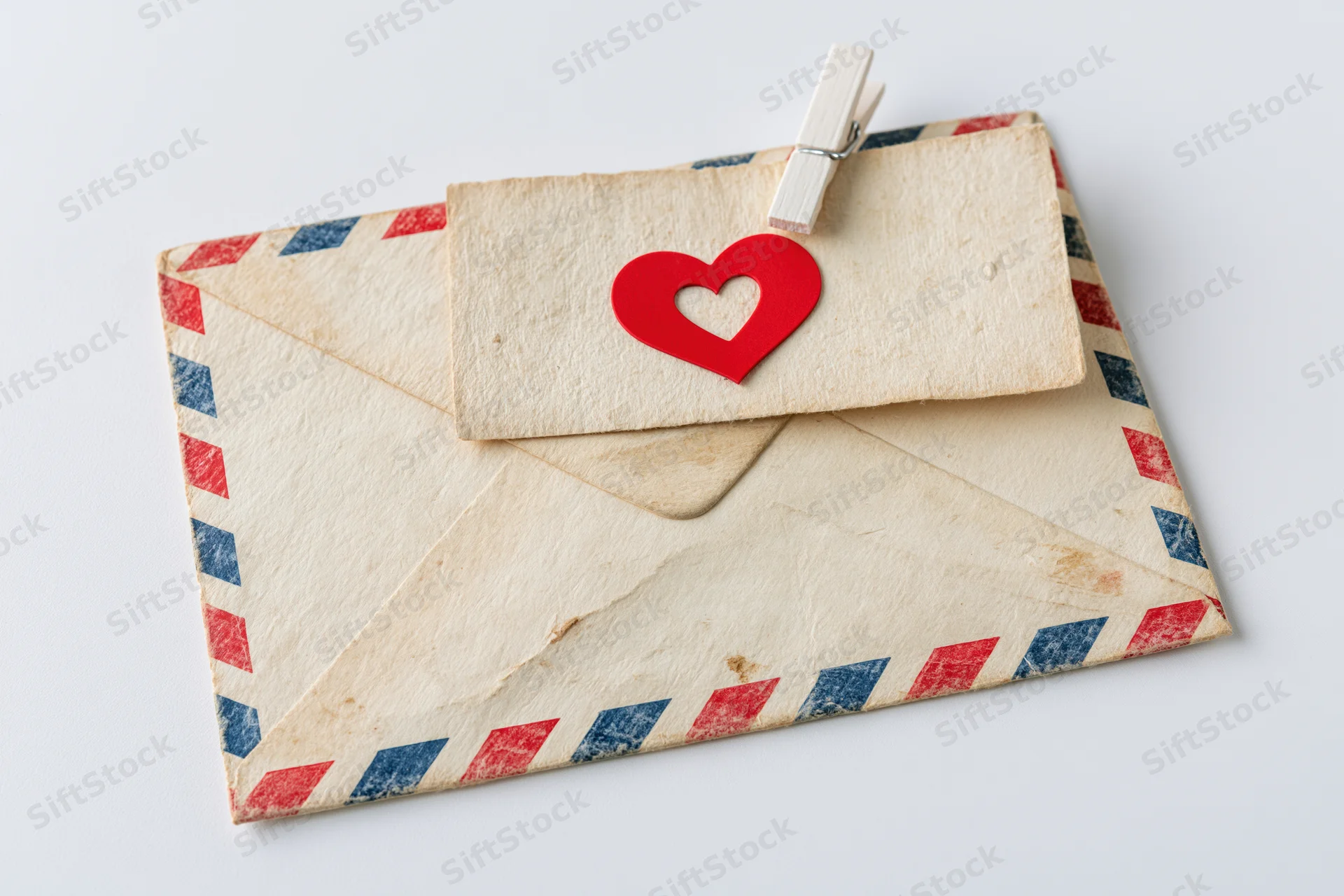 Vintage airmail envelope with red and blue stripes sealed with a heart-shaped tag and clothespin on white background
