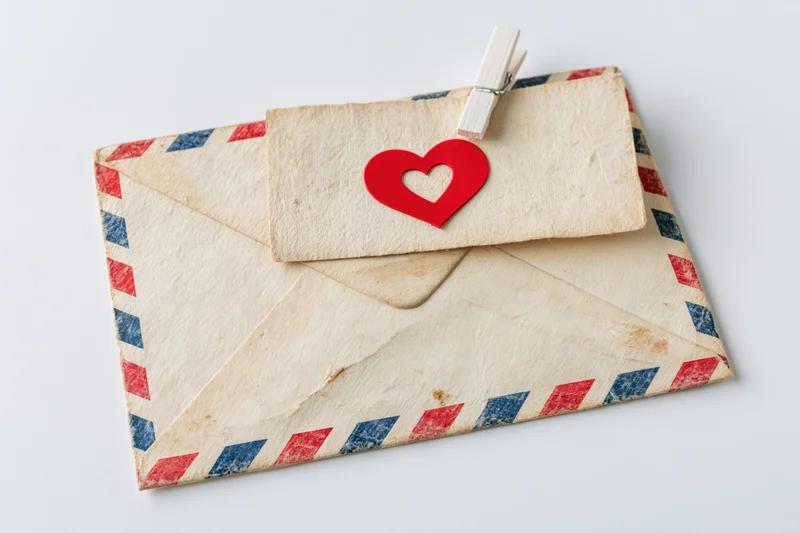 Vintage airmail envelope with red and blue stripes sealed with a heart-shaped tag and clothespin on white background