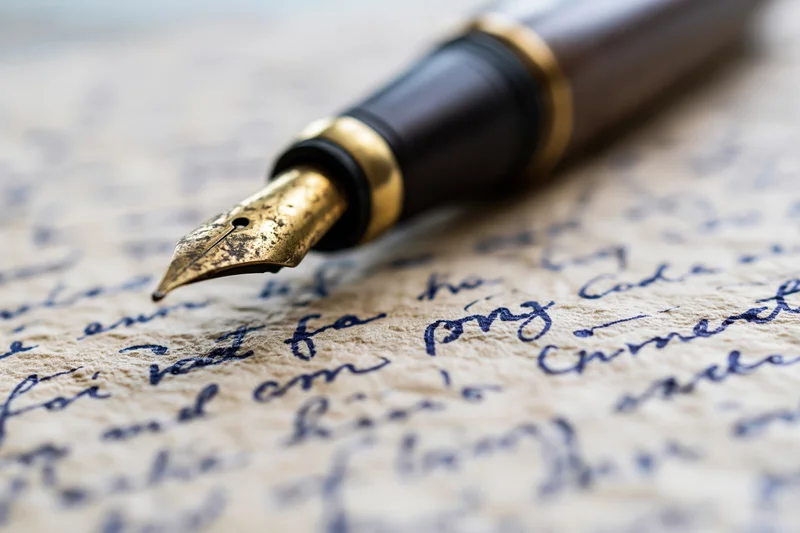 Vintage brass-nibbed fountain pen resting on handwritten letter with cursive script