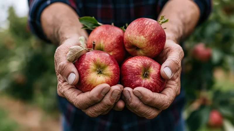 Weathered hands holding four red apples in an orchard