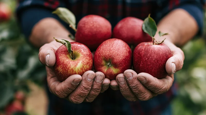 Weathered hands cupping freshly picked red apples in an orchard
