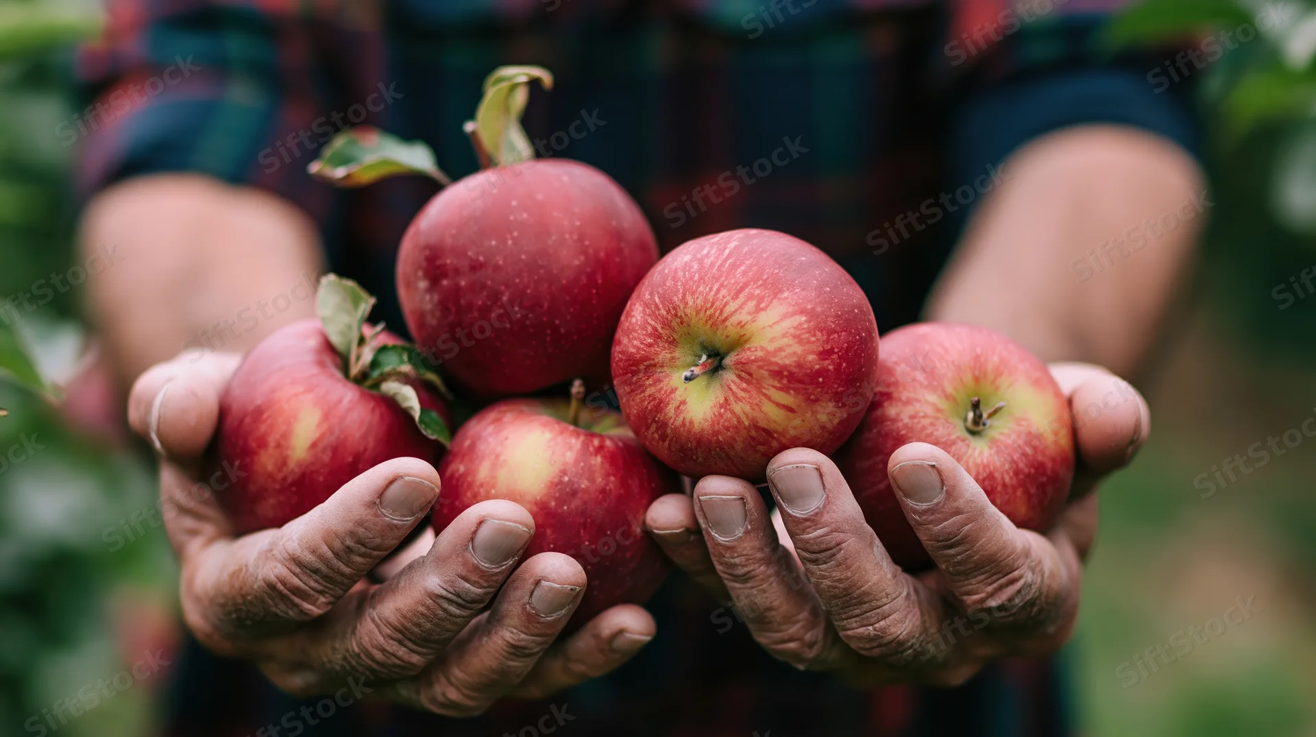 Weathered hands holding freshly picked red apples in an orchard