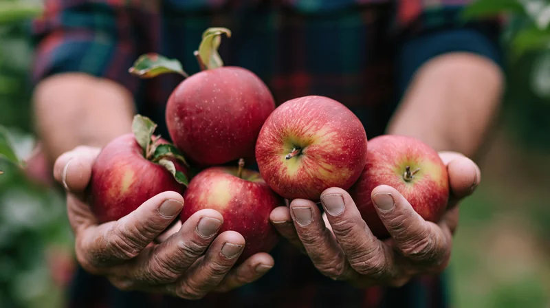 Weathered hands holding freshly picked red apples in an orchard
