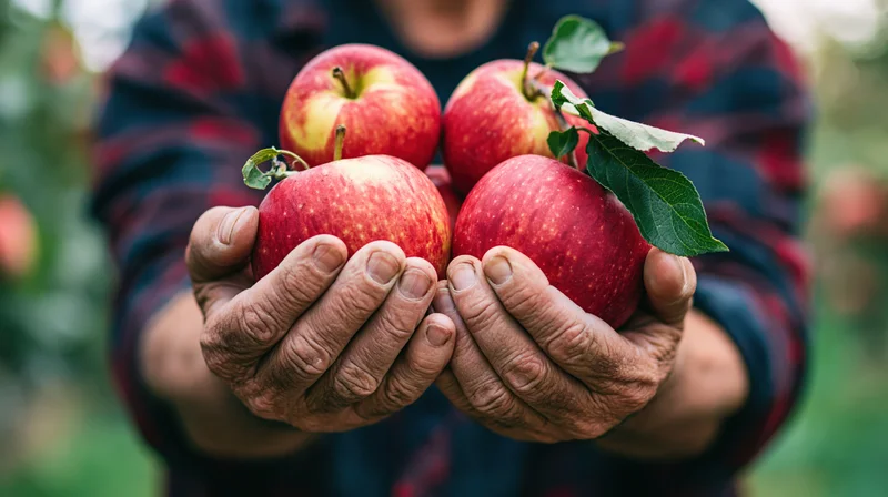Weathered farmer's hands holding four red apples in an orchard