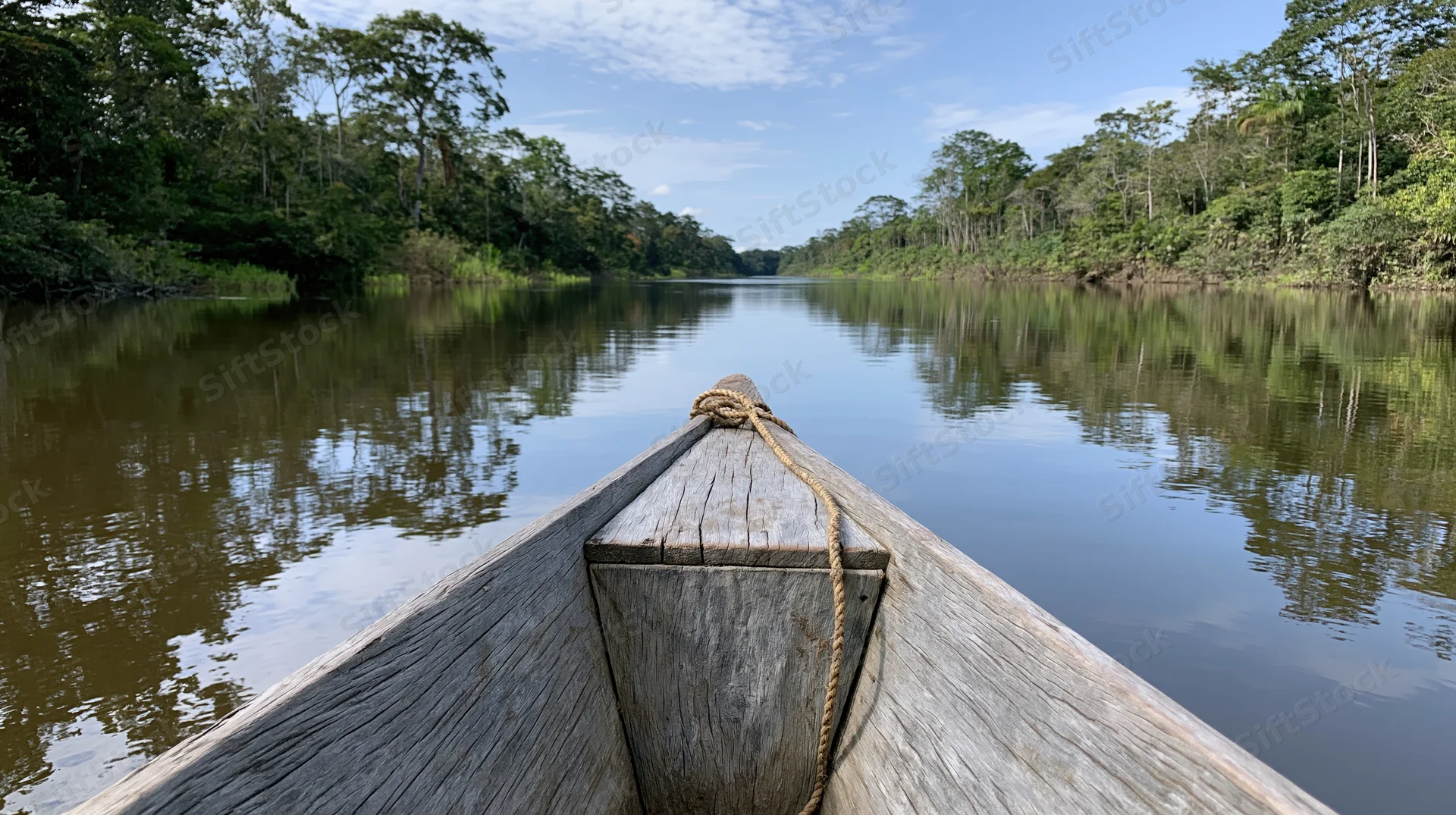 Weathered wooden canoe bow floating on calm river surrounded by dense jungle trees