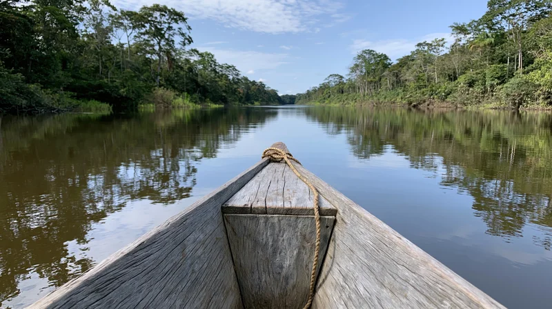 Weathered wooden canoe bow floating on calm river surrounded by dense jungle trees