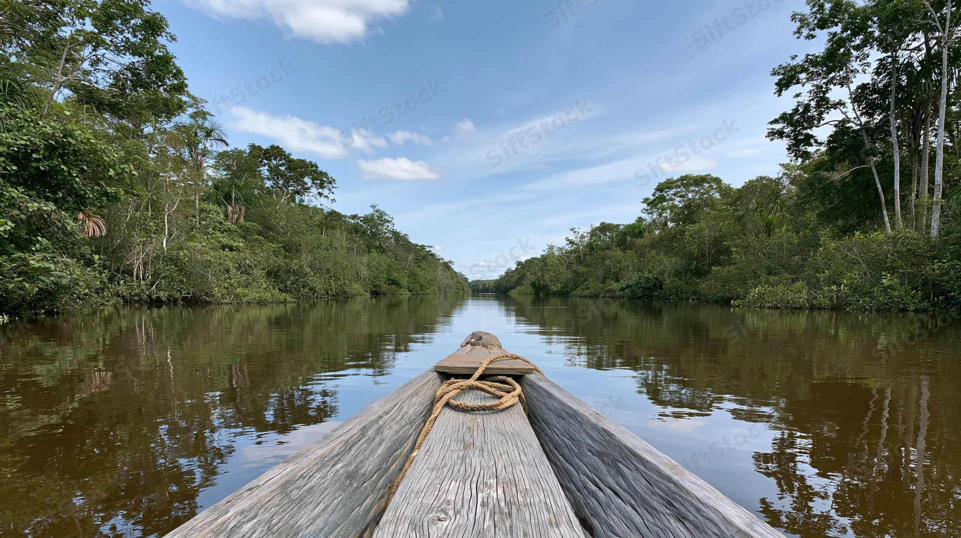 Weathered wooden canoe bow pointing down a narrow river surrounded by dense jungle under a blue sky with scattered clouds