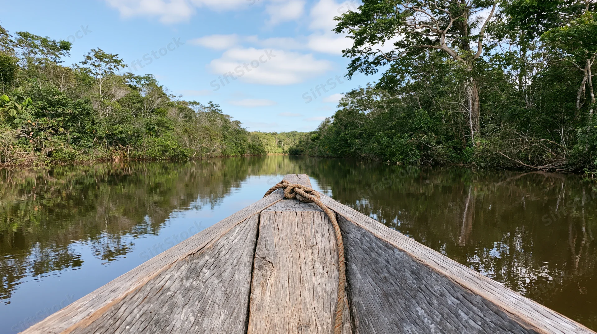 Weathered wooden canoe bow pointing down a narrow river surrounded by dense jungle under a partly cloudy sky
