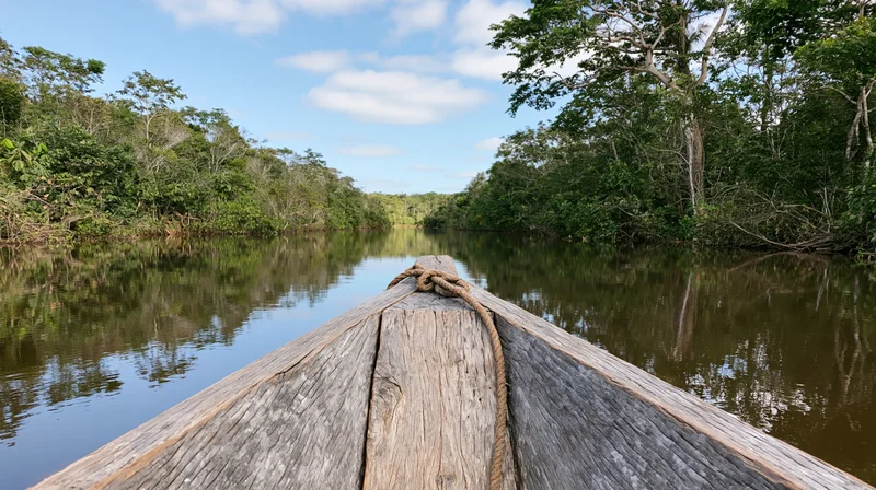 Weathered wooden canoe bow pointing down a narrow river surrounded by dense jungle under a partly cloudy sky