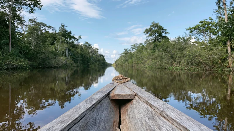 Wooden canoe bow gliding down narrow river surrounded by dense jungle under blue sky