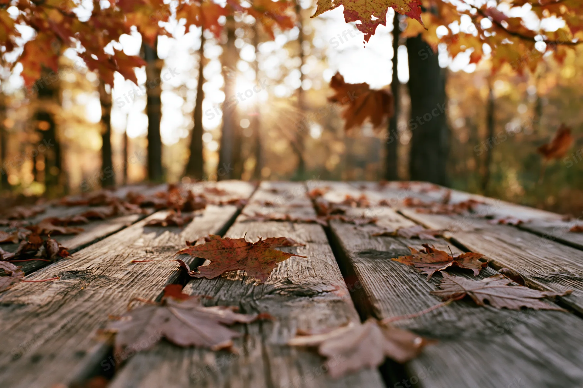Weathered wooden picnic table covered in fallen maple leaves in an autumn forest with sunlight filtering through trees
