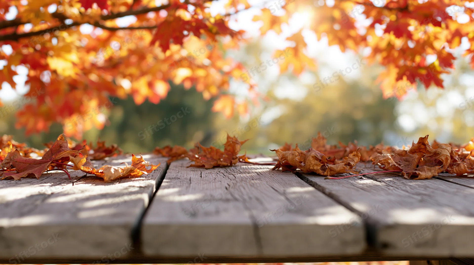Scattered autumn maple leaves on a weathered wooden plank table outdoors