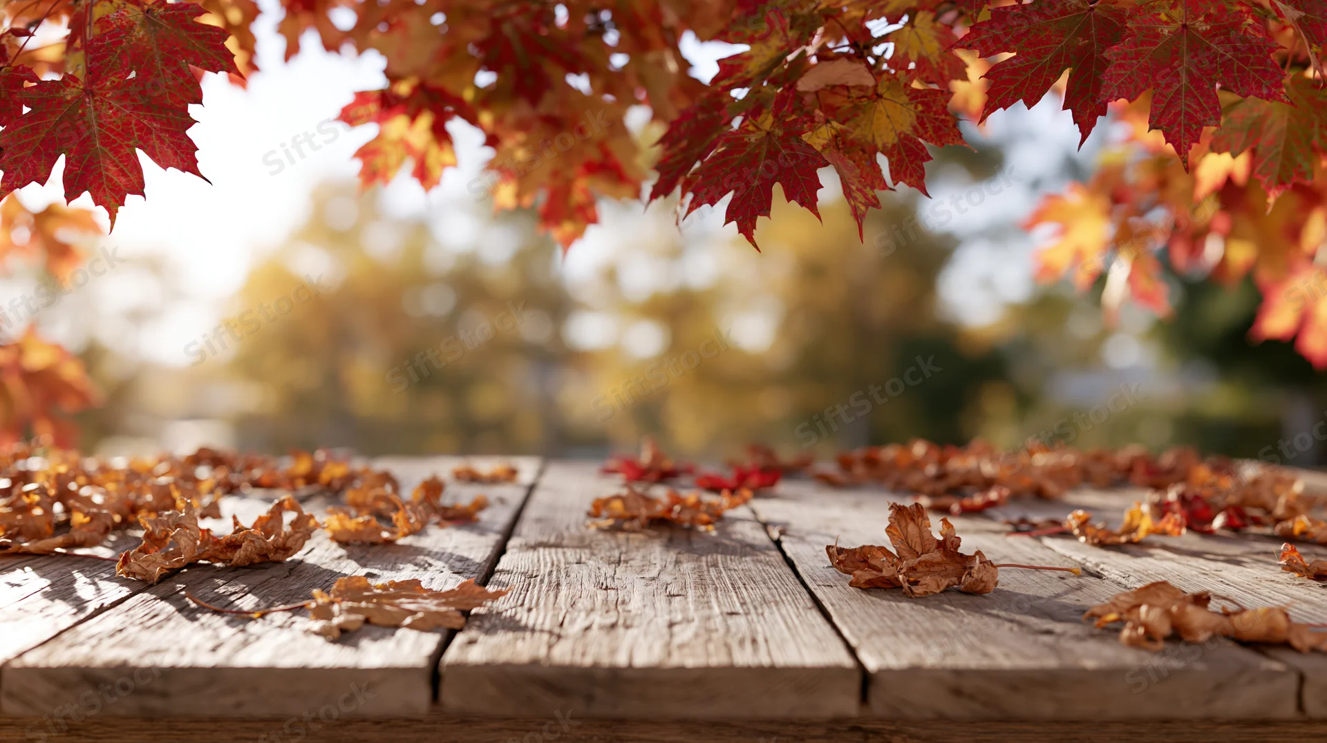 Weathered wooden table with scattered autumn maple leaves under tree canopy in outdoor setting