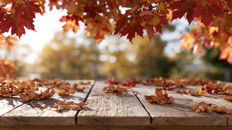 Weathered wooden table with scattered autumn maple leaves under tree canopy in outdoor setting