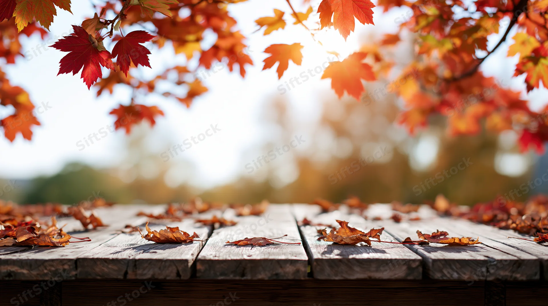 Weathered wooden table with scattered autumn maple leaves under hanging branches in a sunlit outdoor setting
