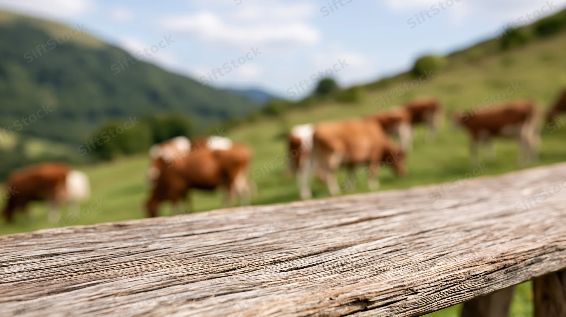 Weathered wooden fence rail in foreground with cows grazing in green pasture behind