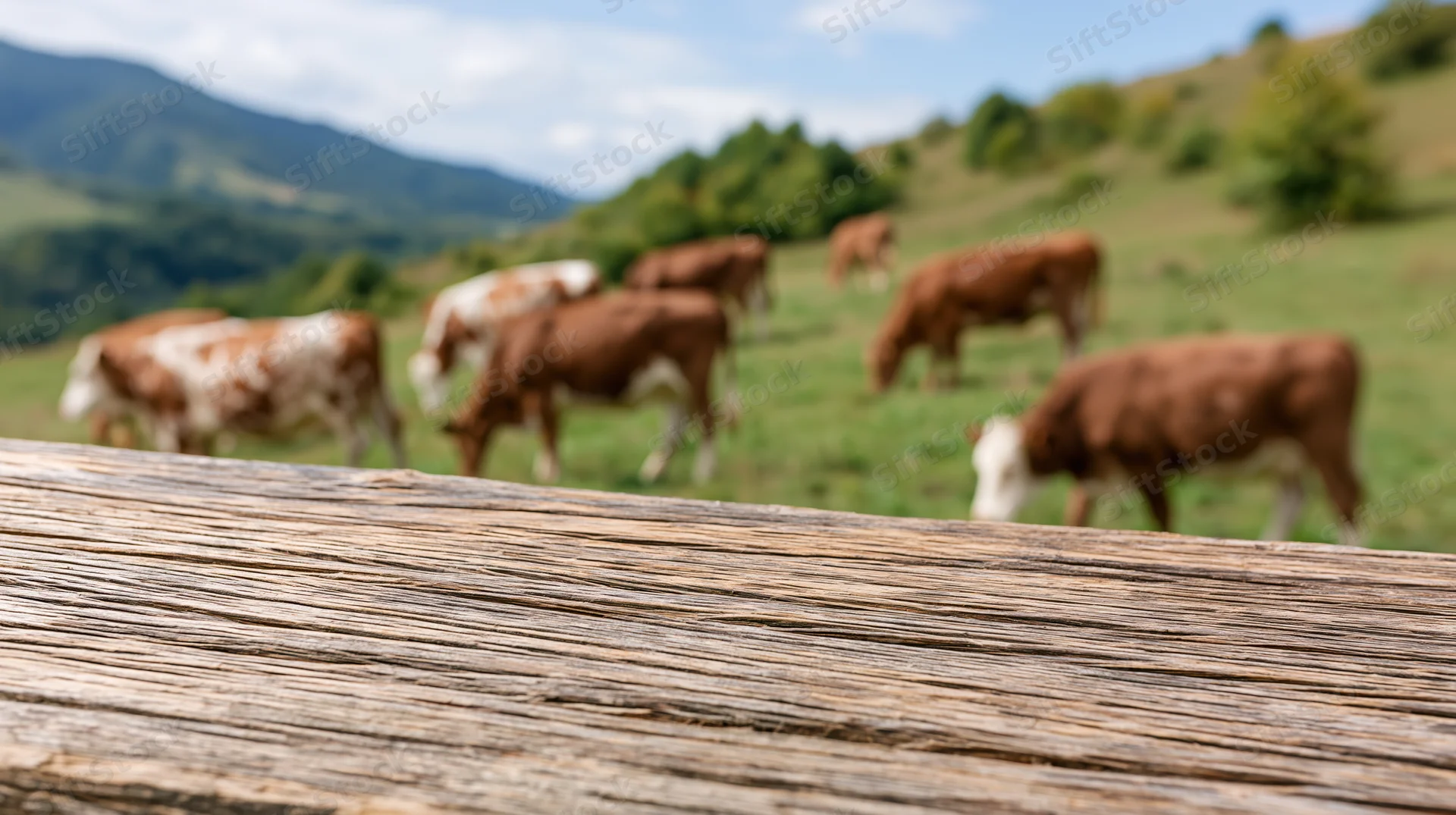 Weathered wooden tabletop in foreground with cows grazing in pasture behind