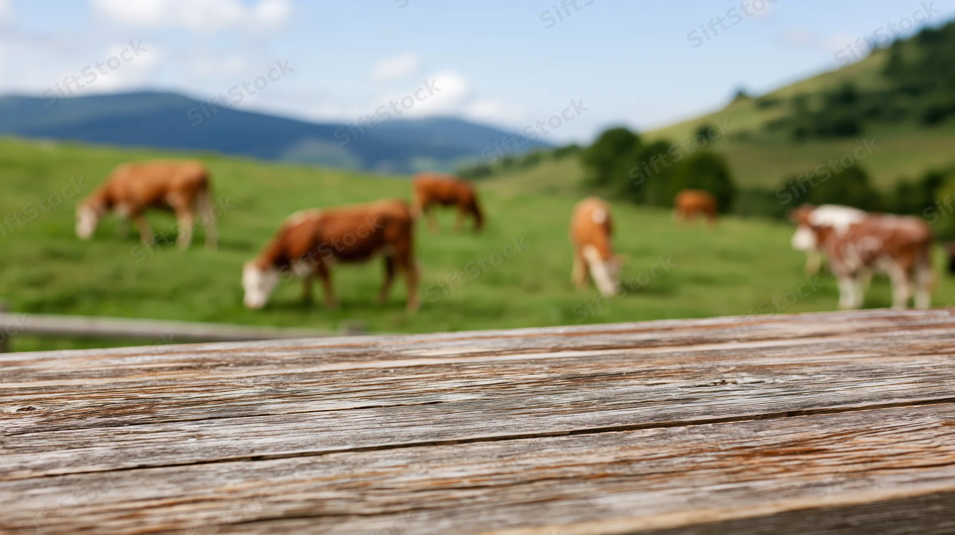 Weathered wooden tabletop in foreground with cows grazing in a green pasture behind