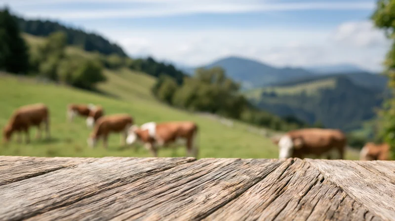 Weathered wooden table in foreground with cows grazing in green pasture and mountains in background