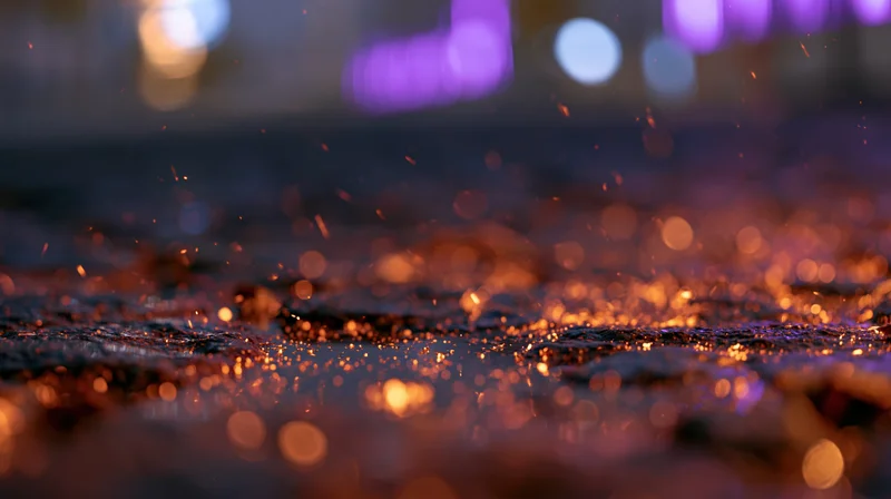 Glowing embers scattered across wet cobblestone pavement at night with blurred city lights in background