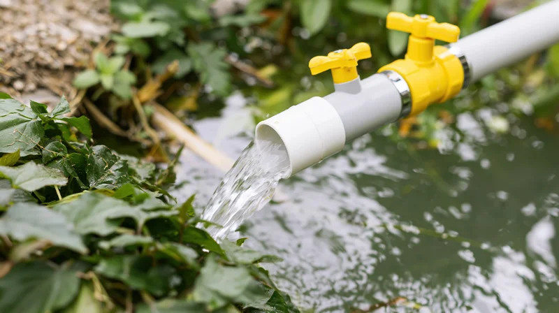 White pvc irrigation pipe with yellow valve fittings pouring water into a garden bed