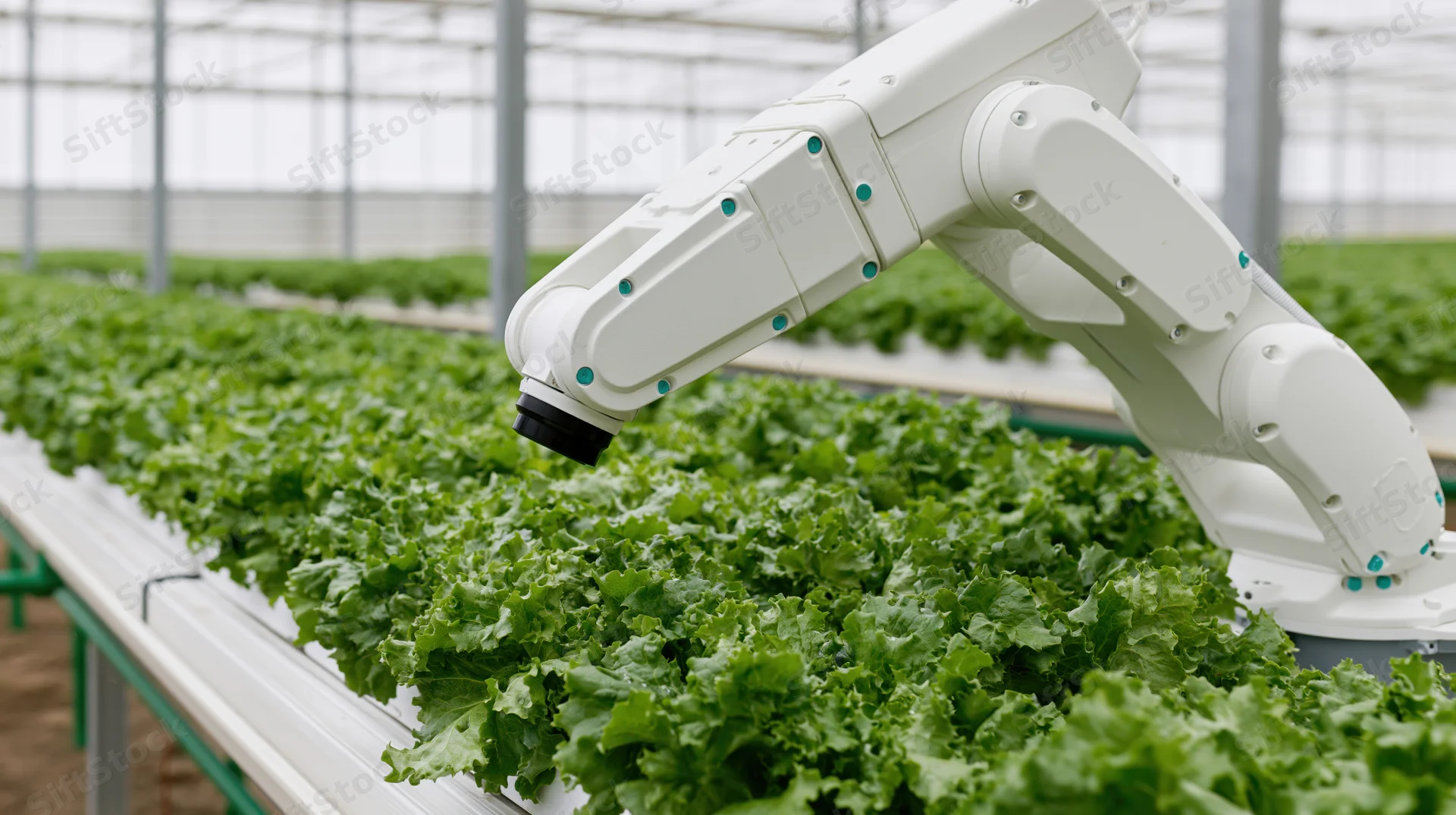 Robotic arm inspecting rows of lettuce in a greenhouse hydroponic farm
