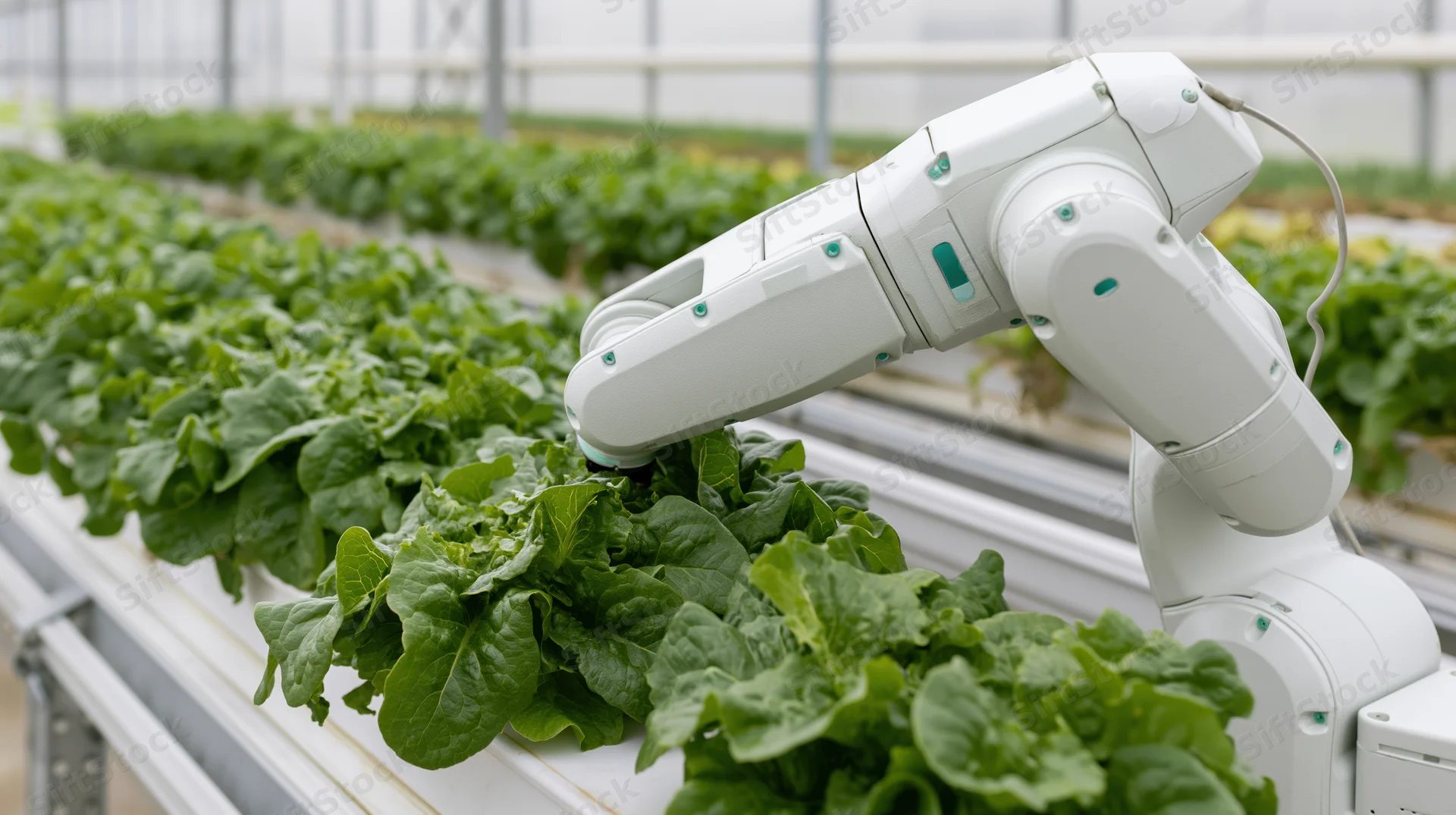 Robotic arm tending rows of leafy green lettuce in a greenhouse hydroponic farm