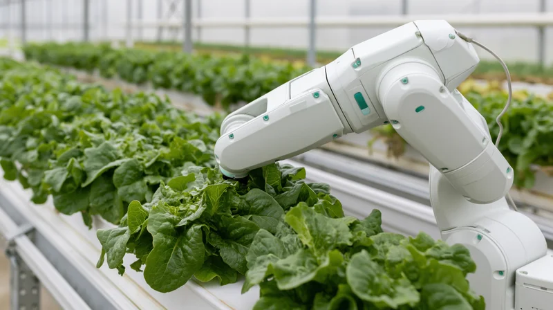 Robotic arm tending rows of leafy green lettuce in a greenhouse hydroponic farm