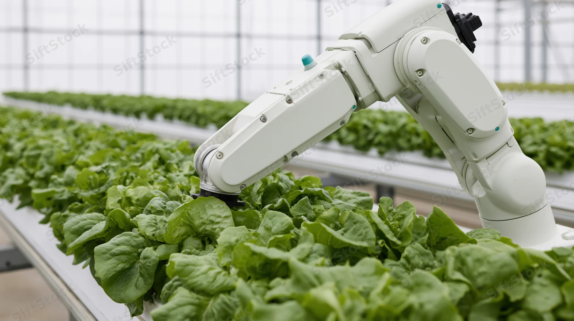Robotic arm tending rows of leafy green lettuce in a greenhouse