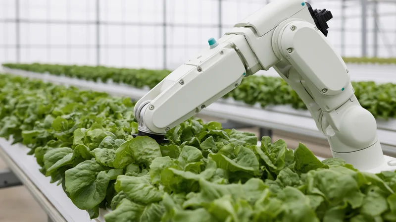 Robotic arm tending rows of leafy green lettuce in a greenhouse