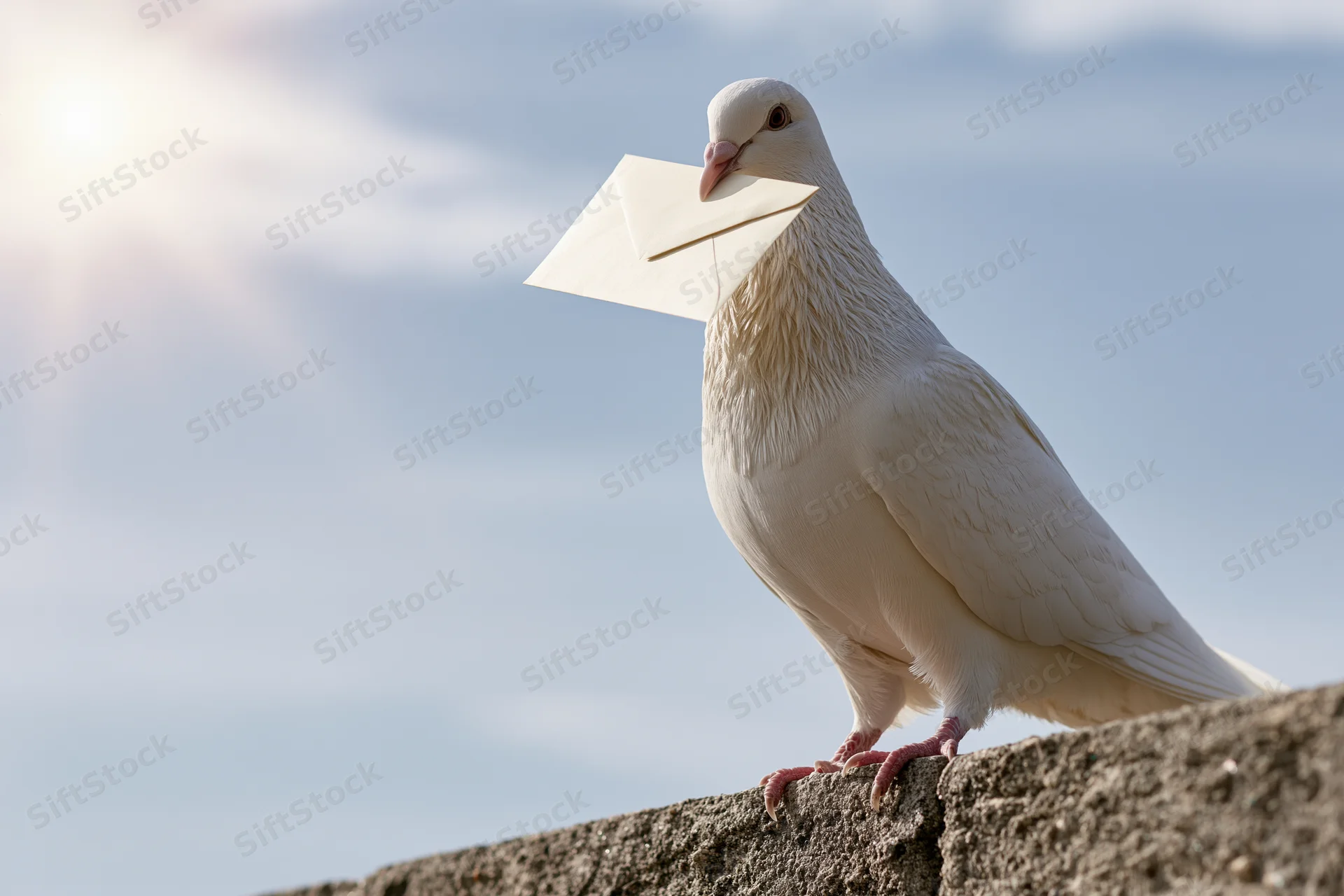 White carrier pigeon holding envelope perched on stone ledge under blue sky