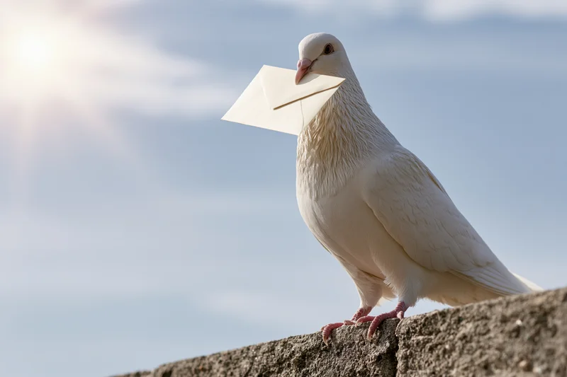White carrier pigeon holding envelope perched on stone ledge under blue sky