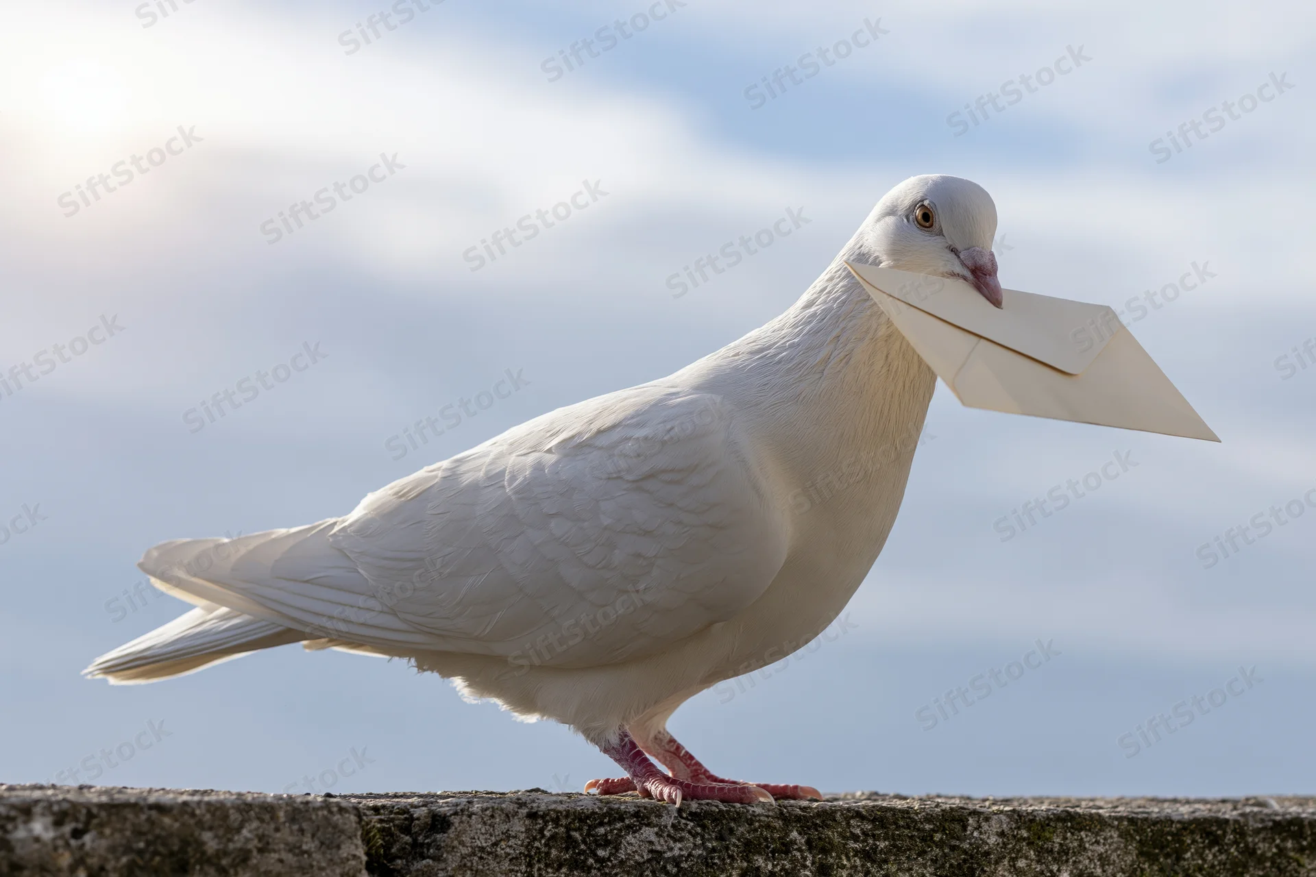 White carrier pigeon holding envelope in beak on stone ledge against sky